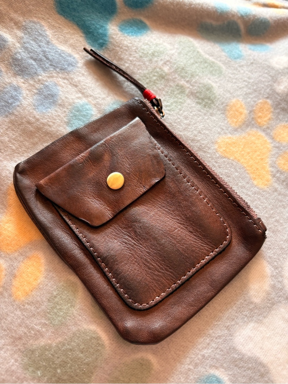 Vintage Brown Leather Zip Pouch with Front Snap Pocket